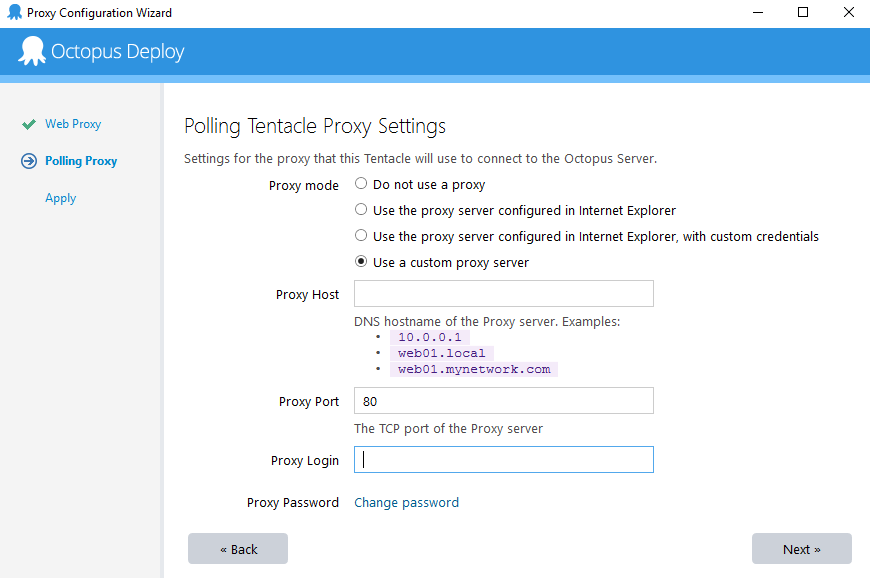 Selecting Custom Proxy Server Step